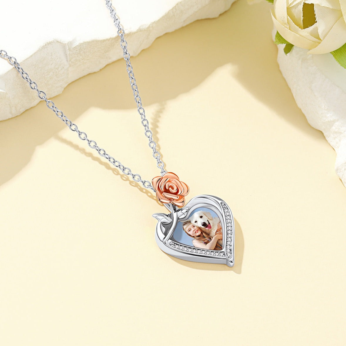 Custom4U Customized Rose Heart Photo Necklace-Silver
