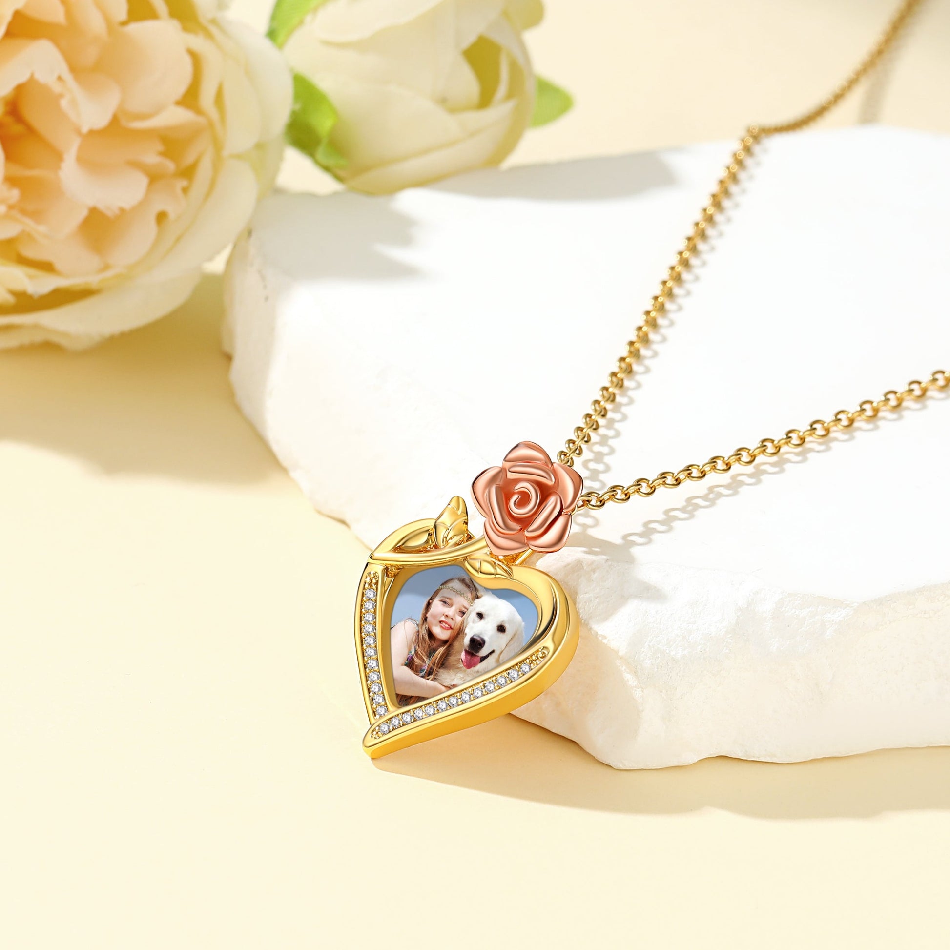 Custom4U Customized Rose Heart Photo Necklace-Gold