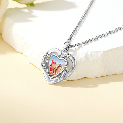 Custom4U Customized Double Heart Photo Necklace-Silver