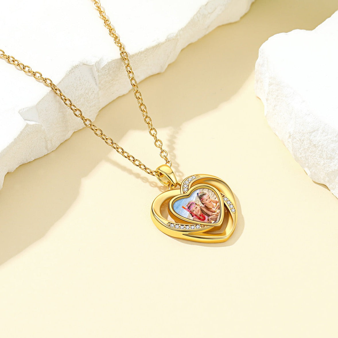 Custom4U Customized Double Heart Photo Necklace-Gold Plated
