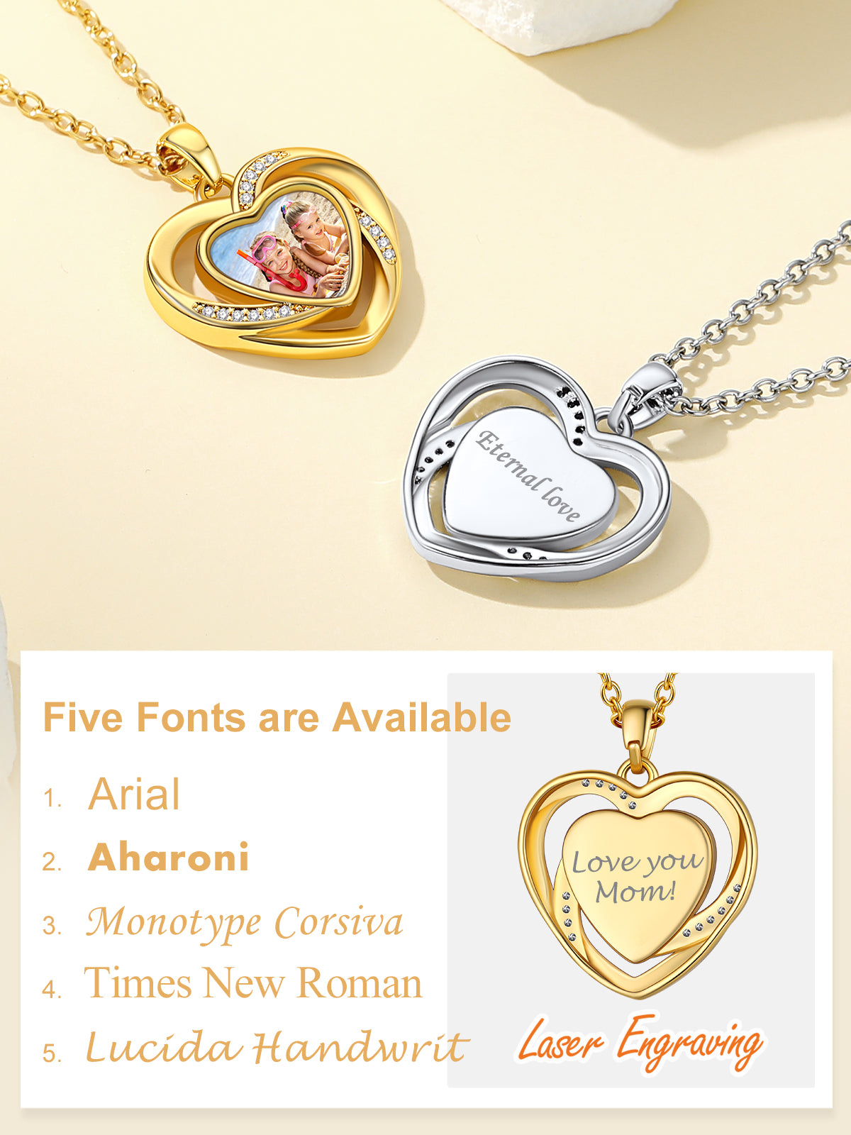 Custom4U Customized Double Heart Photo Necklace-5 font Available