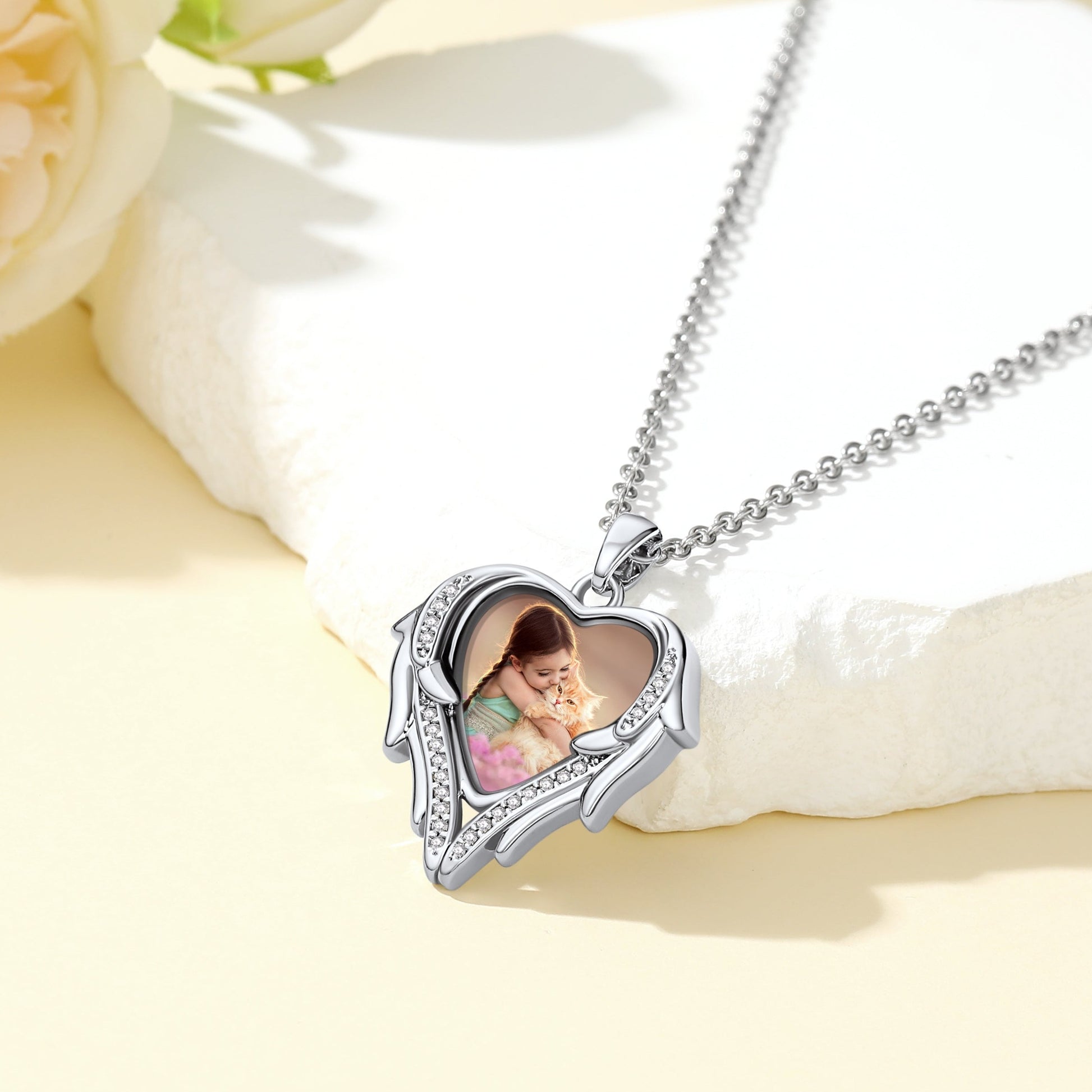 Custom4U Heart Wings Cubic Zirconia Photo Necklace-Silver