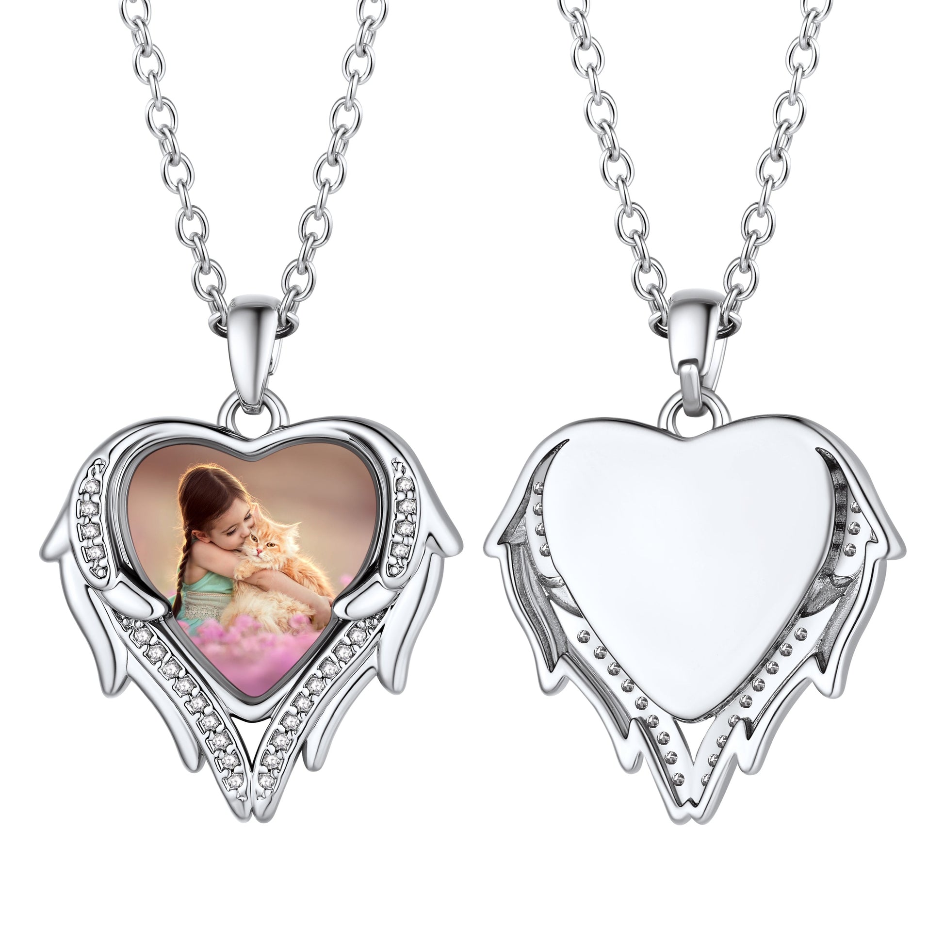 Custom4U Heart with Wings Cubic Zirconia Photo Necklace-Silver