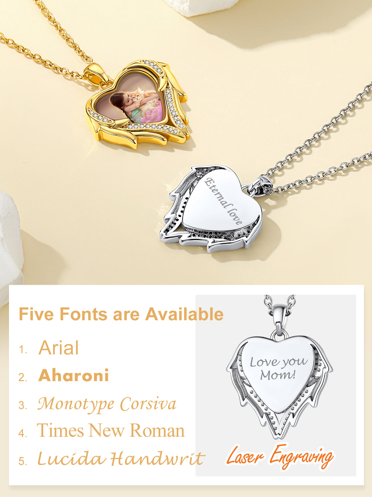 Custom4U Heart with Wings Cubic Zirconia Photo Necklace-5 font available
