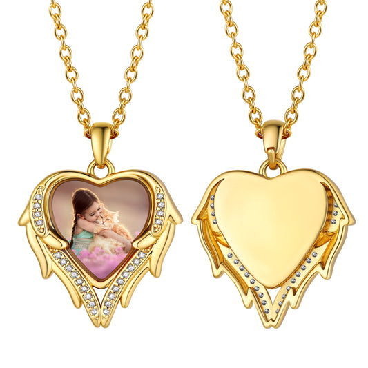 Custom4U Heart Wings Cubic Zirconia Photo Necklace-Gold