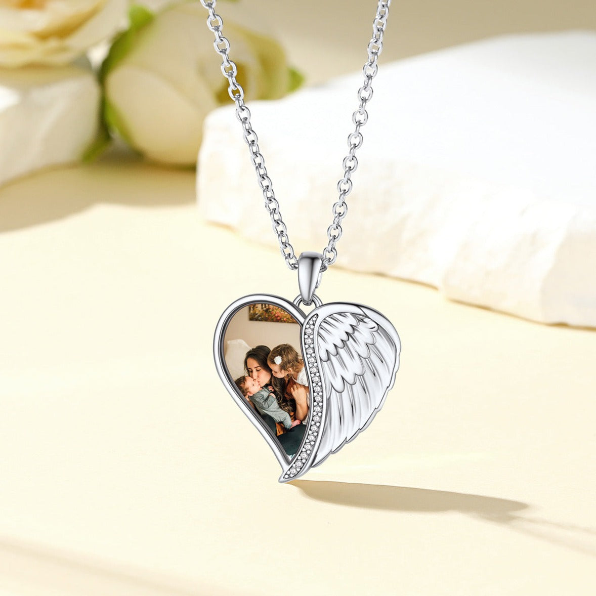 Custom4U Customized Sterling Silver Angel Wings Photo Necklace