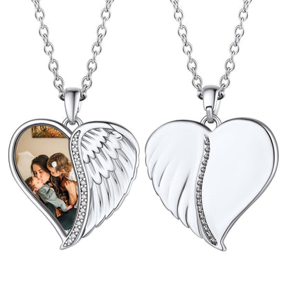 Custom4U Customized Angel Wings Heart Photo Necklace-Steel