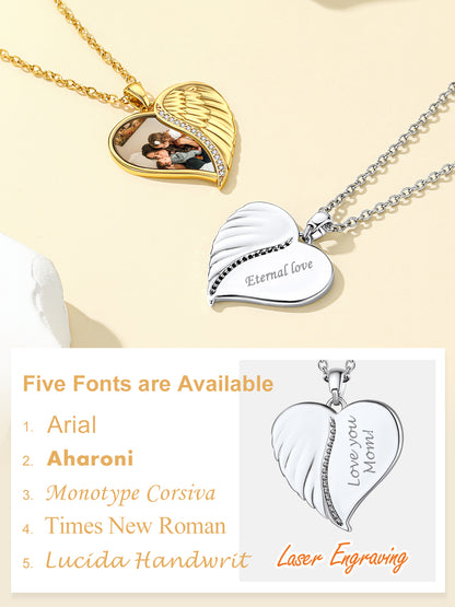 Custom4U Angel Wings Heart Photo Necklace-5 font available