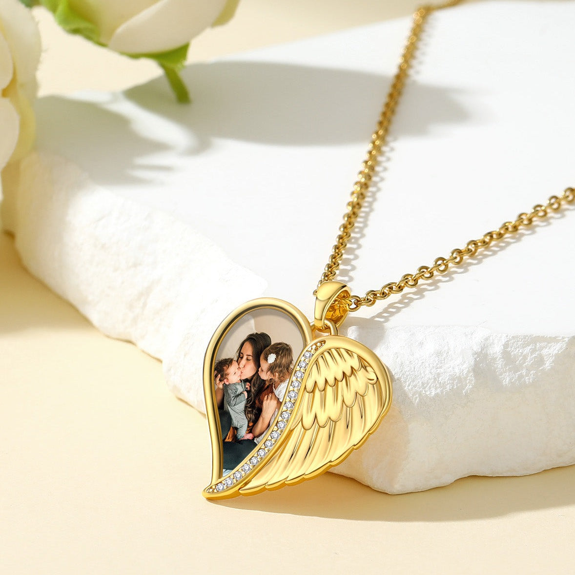 Custom4U Customized Copper Angel Wings Heart Photo Necklace-Gold Plated