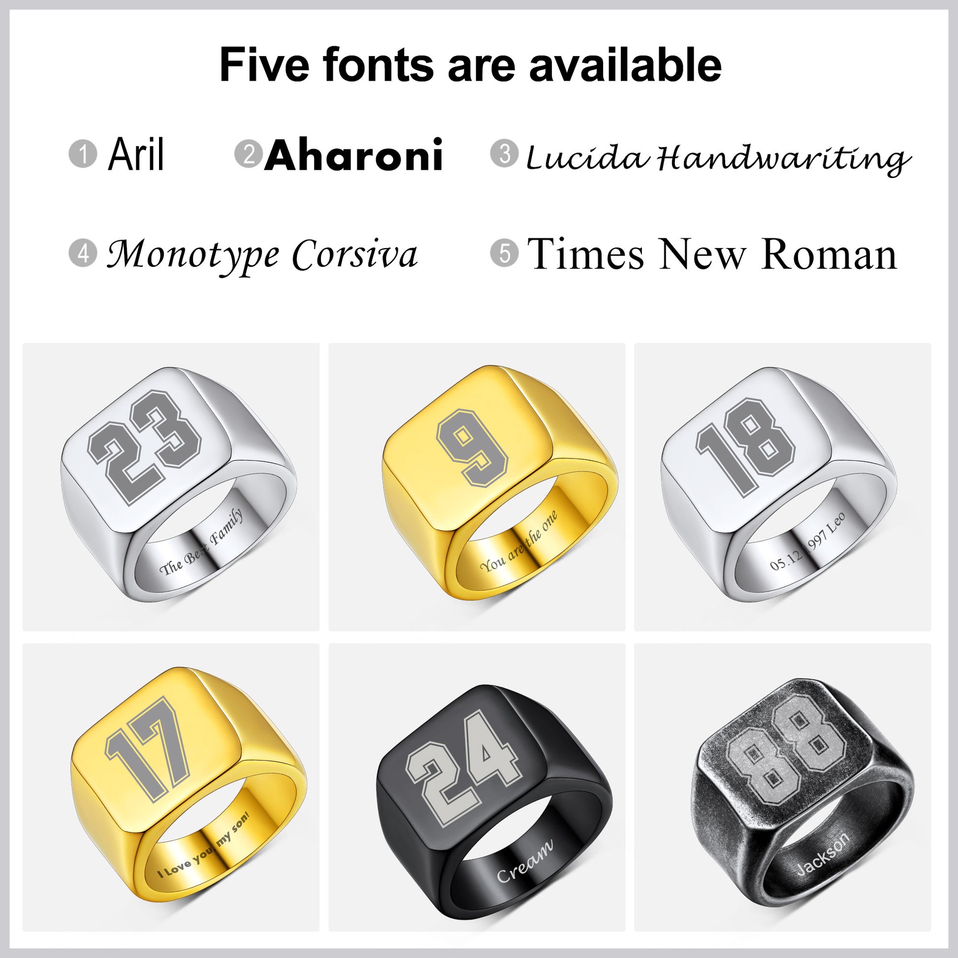 Custom4U Customized Engraving Square Signet Rings-5 font available