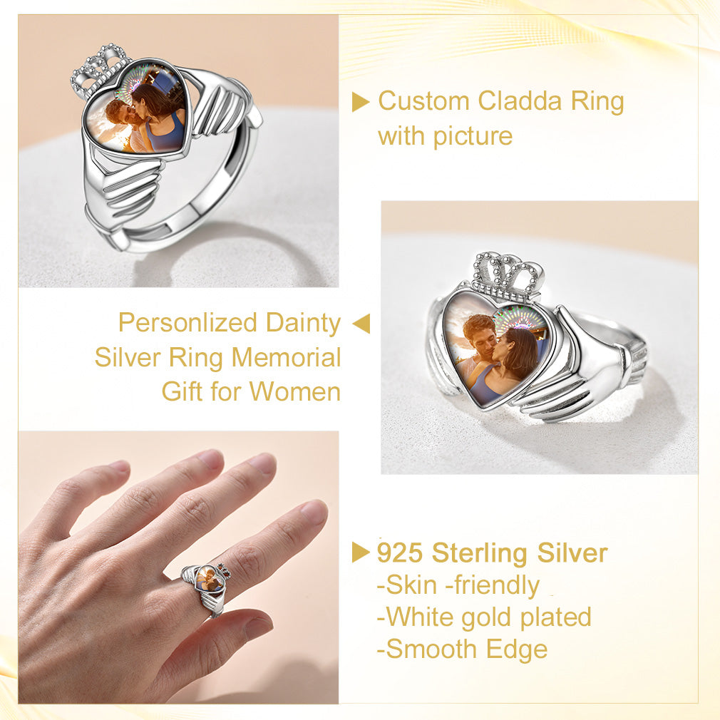 Custom4U Silver Claddagh Heart Picture Ring