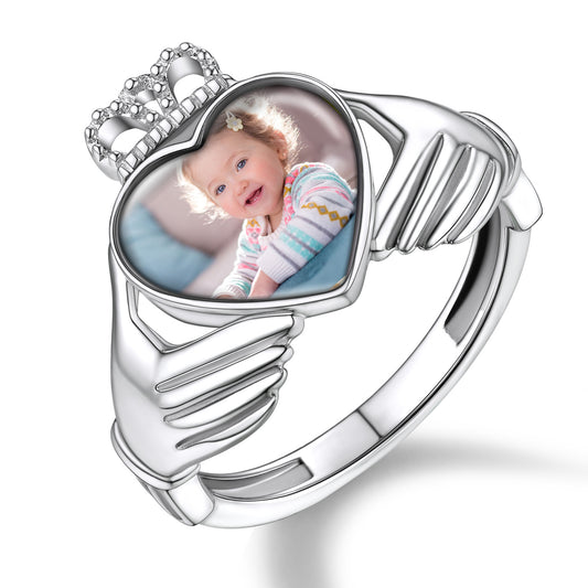Custom4U Personalized Silver Claddagh Heart Picture Ring