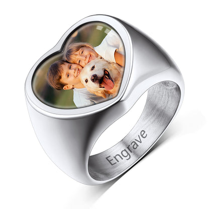 Custom4U Personalized Heart Photo Name Engraving Ring-Steel