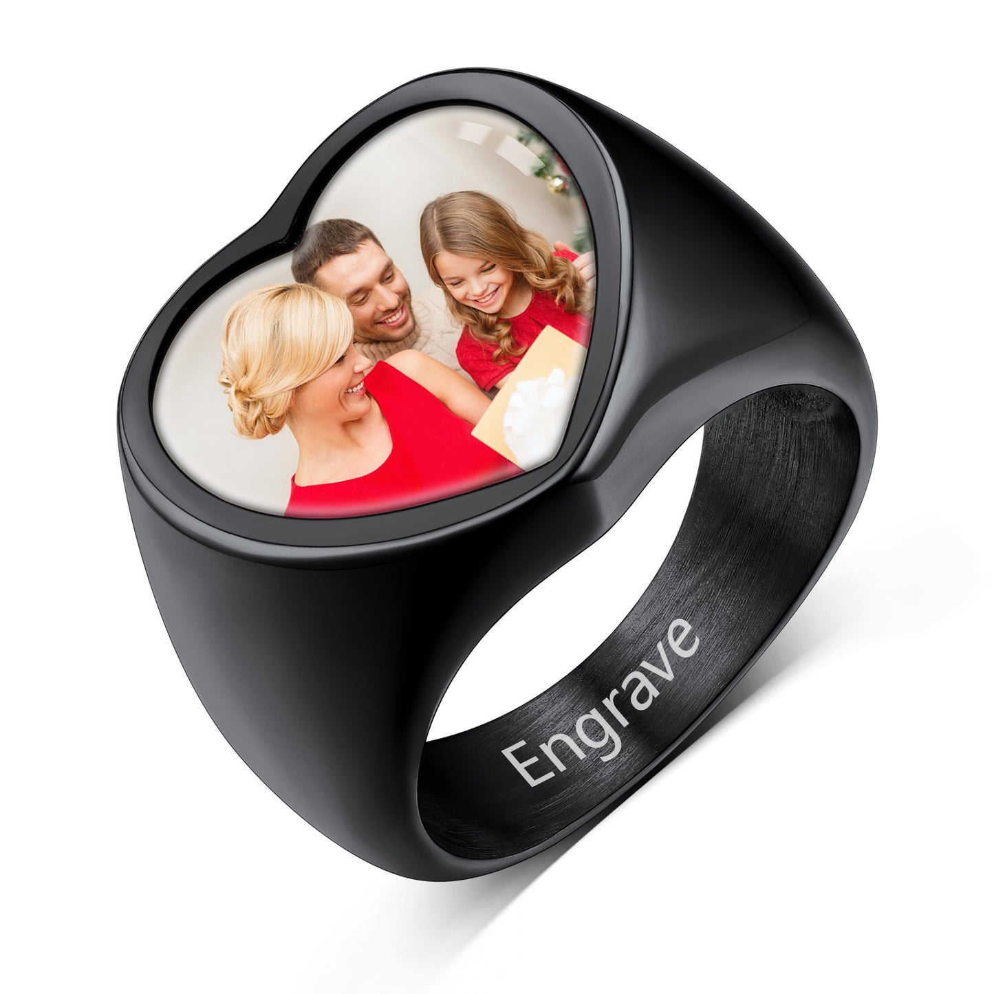 Custom4U Personalized Black Color Heart Photo Name Engraving Ring