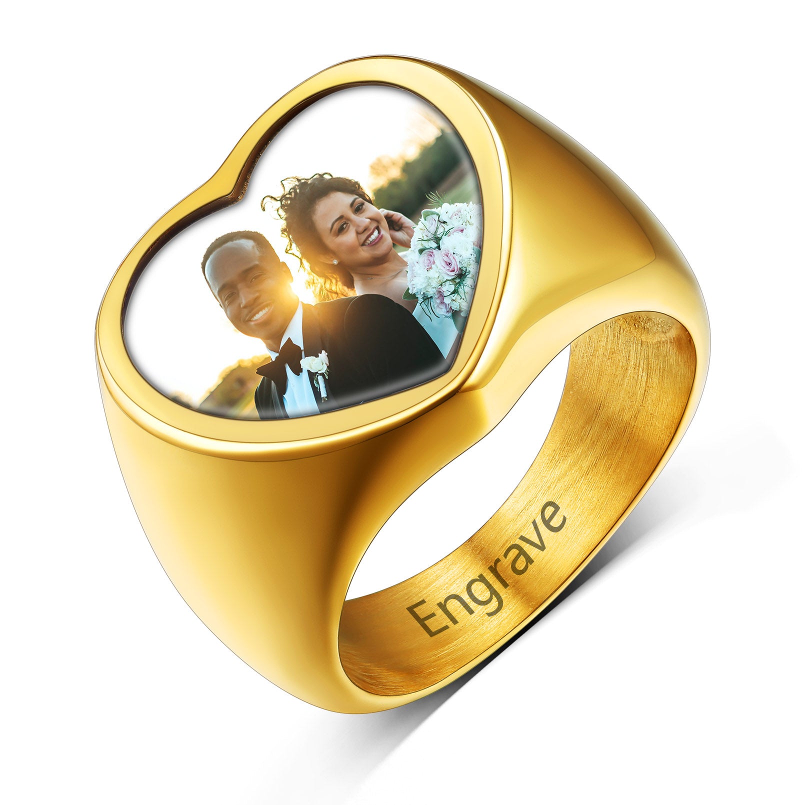 Custom4U Gold Color Heart Photo Name Engraving Ring