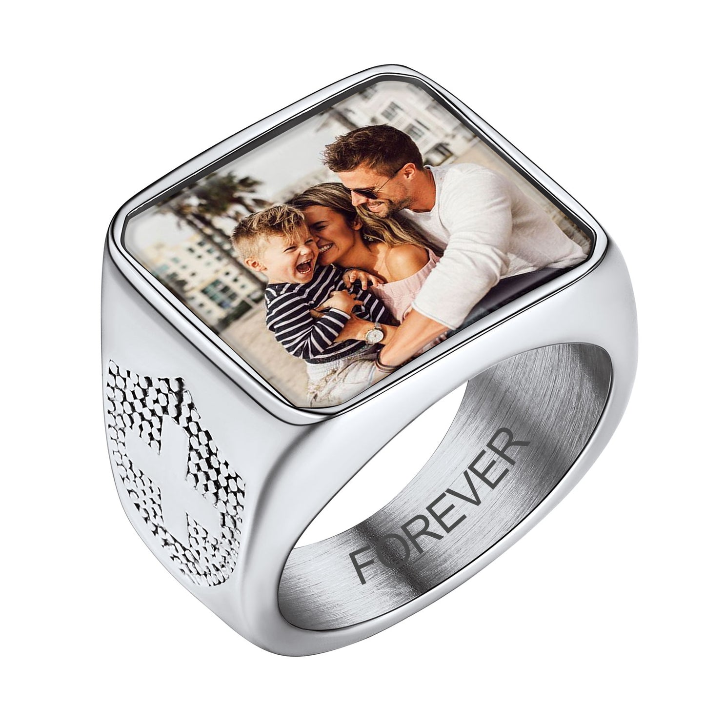 Custom4U Personalized Square Signet Picture Ring with Cross silver