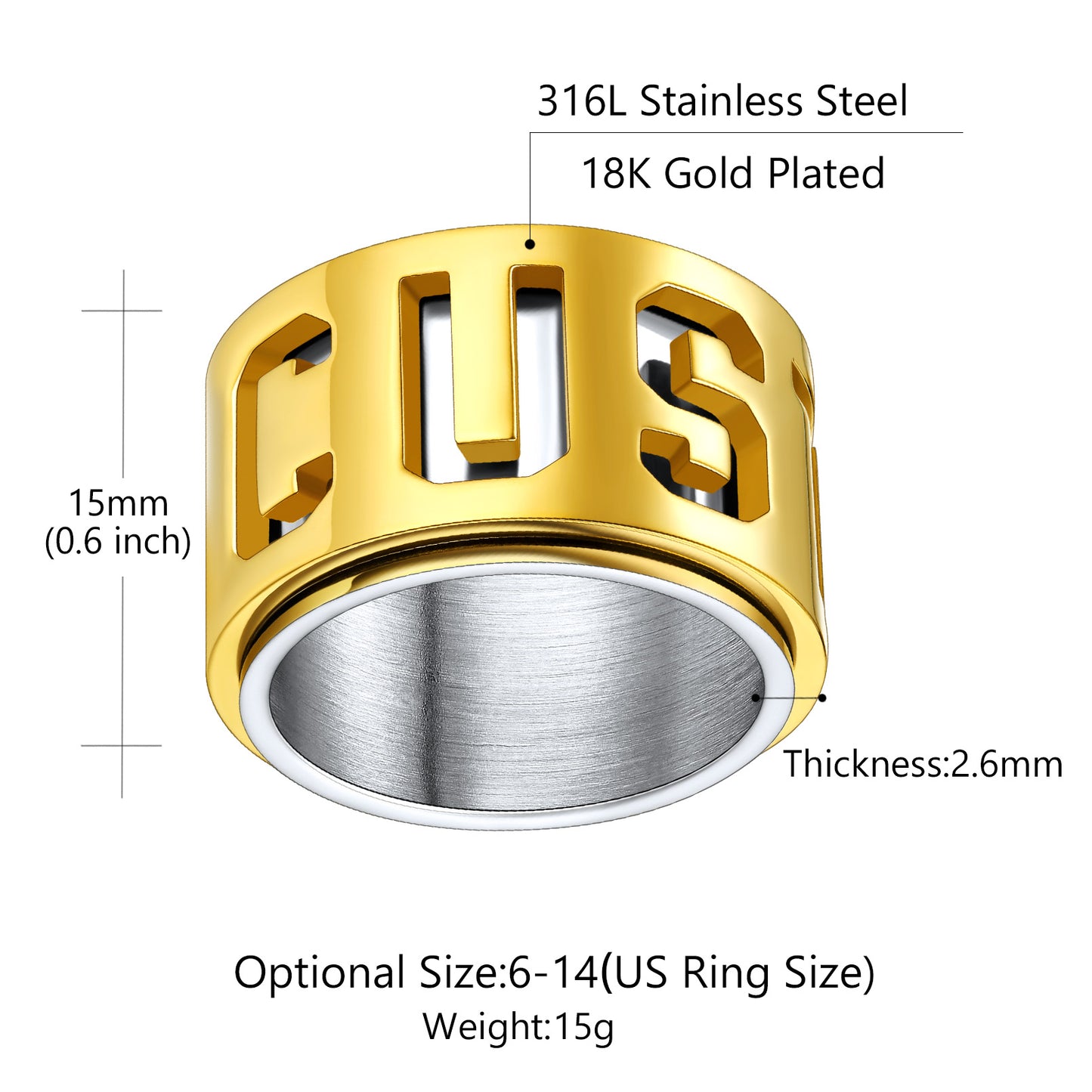 Custom4U 15mm Wide Ring-Dimension Figure