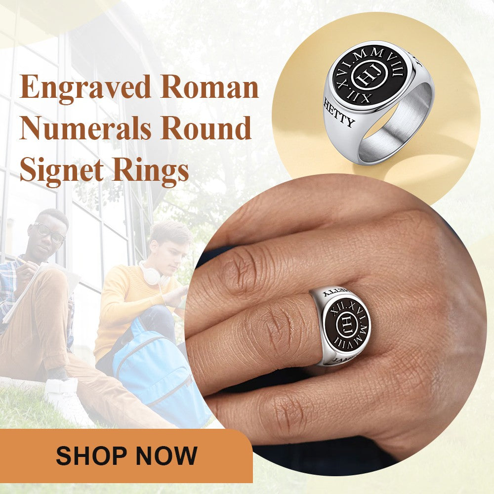 Custom4U Engraved Roman Numerals Round Signet Rings for Men