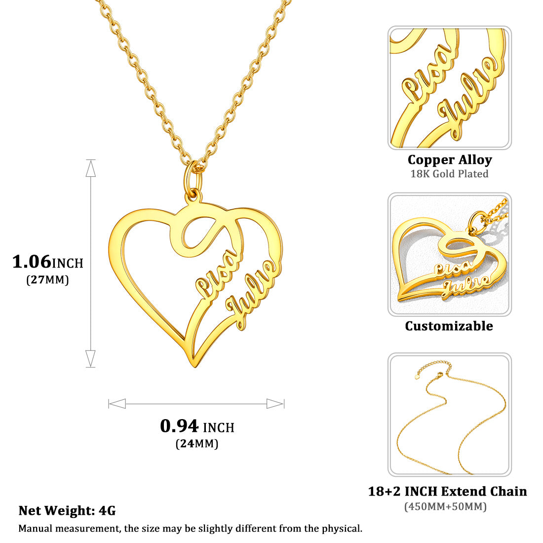 Custom4U Name Gold Plated  Pendant Necklace-Dimension figure