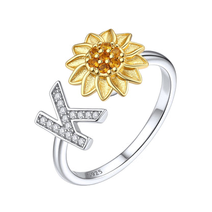 Custom4U Personalized Initial Sunflower Fidget Ring for Women