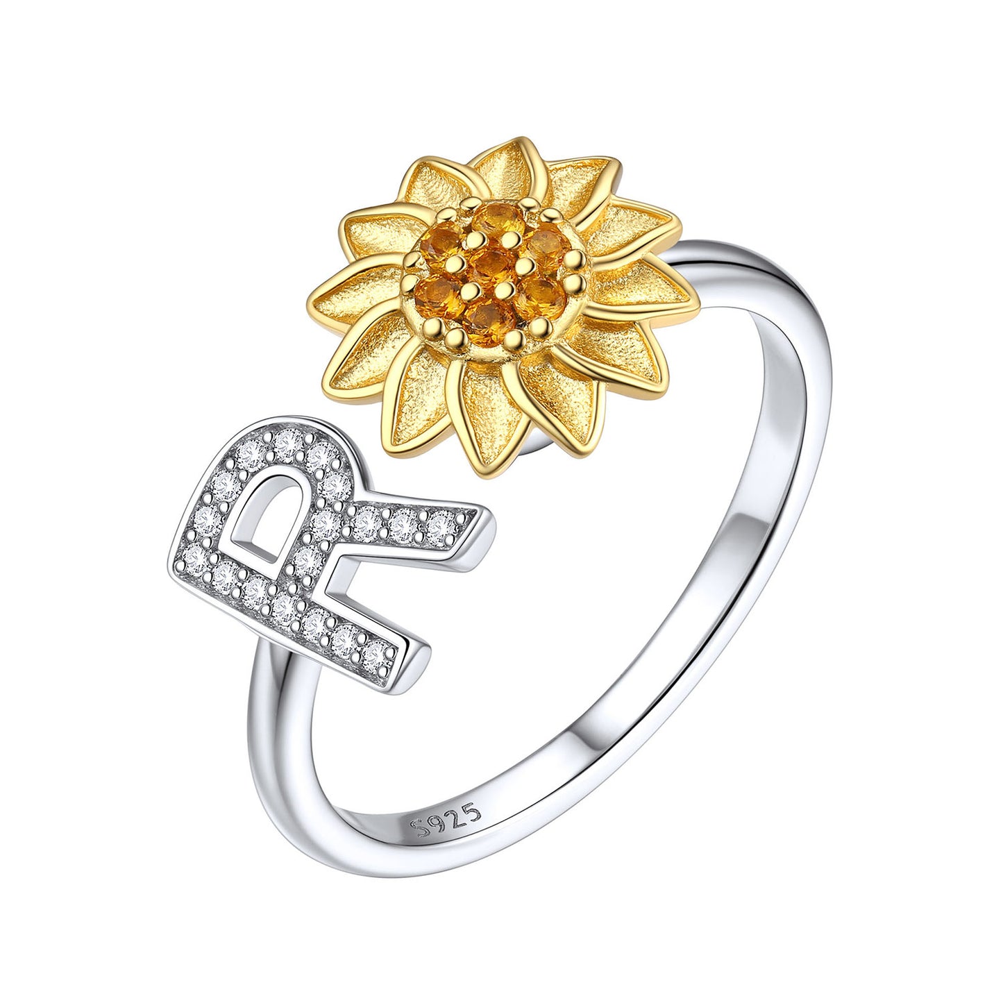 Custom4U Personalized Initial Sunflower Fidget Ring for Women