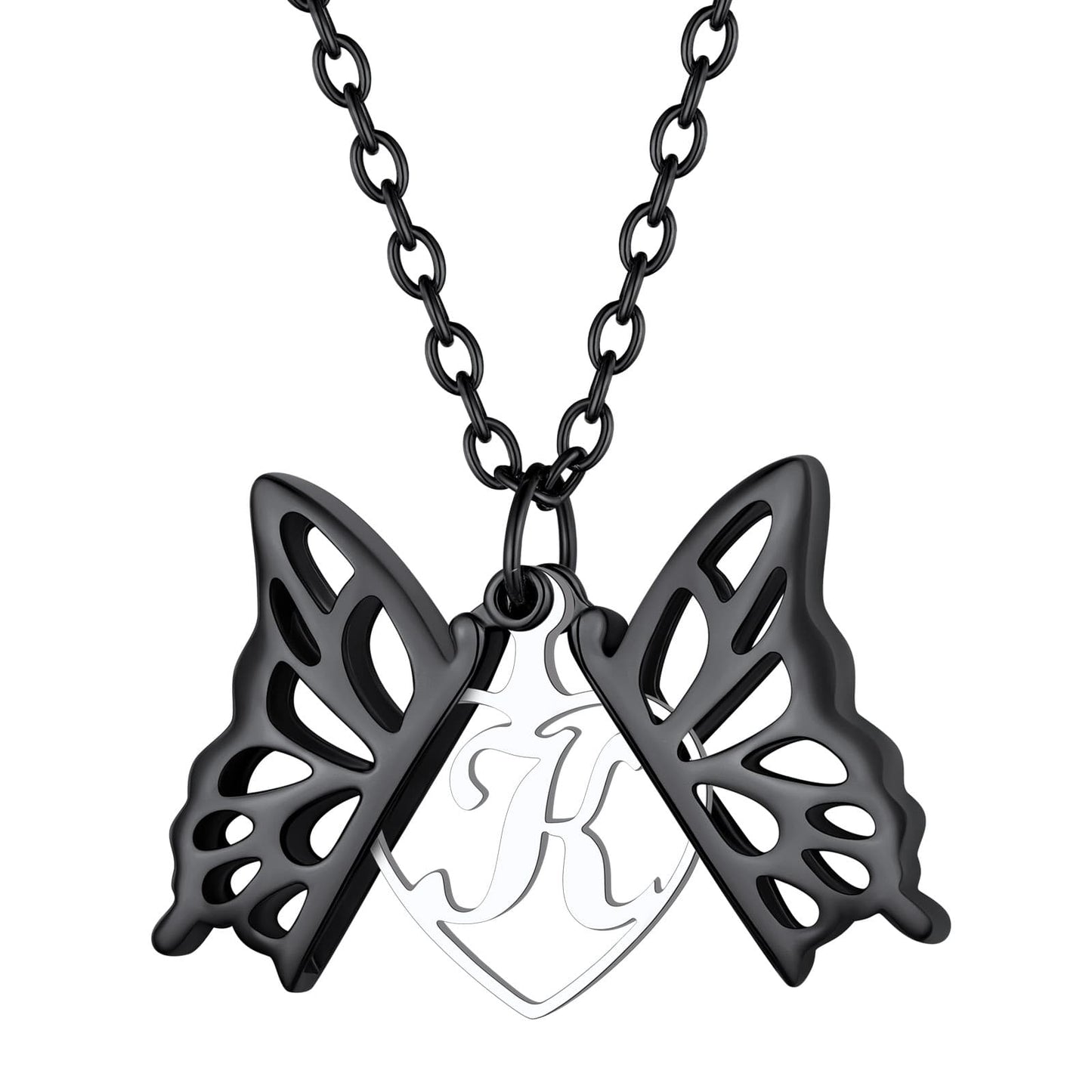 Custom4U Butterfly Locket Necklace with Single Initial Black
