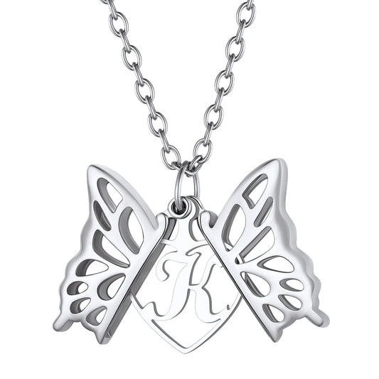 Custom4U Butterfly Locket Necklace with Single Initial Steel