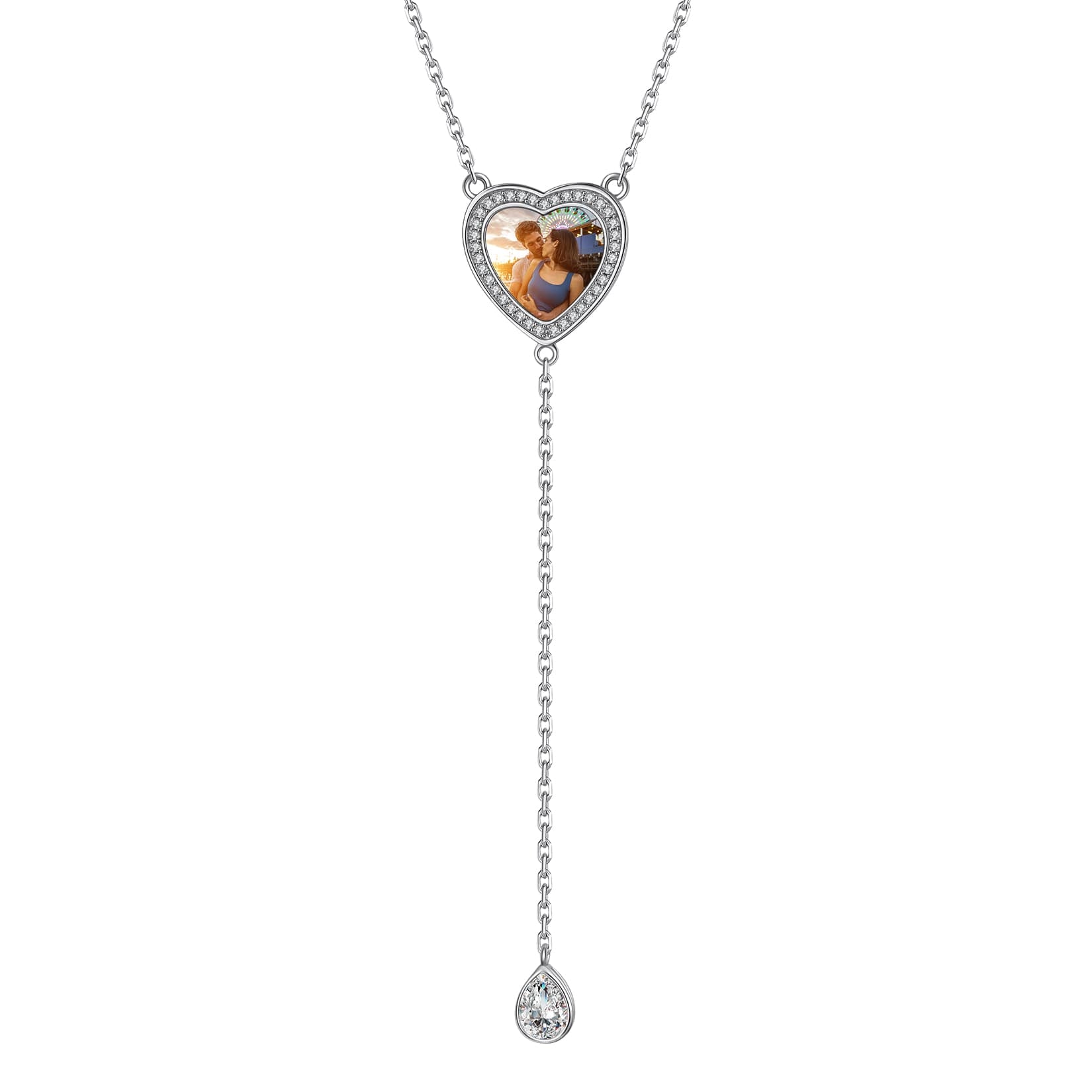 Custom4U CZ Teardrop Y Shaped Photo Necklace