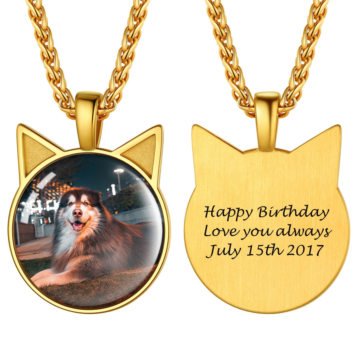 Custom4U Cat Ear Photo Necklace Gold Plated