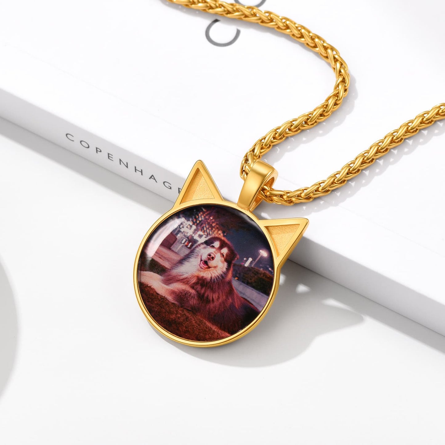 Custom4U Cat Ear Photo Necklace Text Engravable Gold Plated