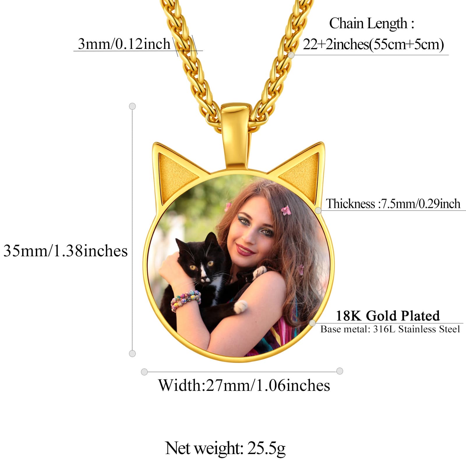 Custom4U Cat Ear Photo Necklace Text Engravable Size