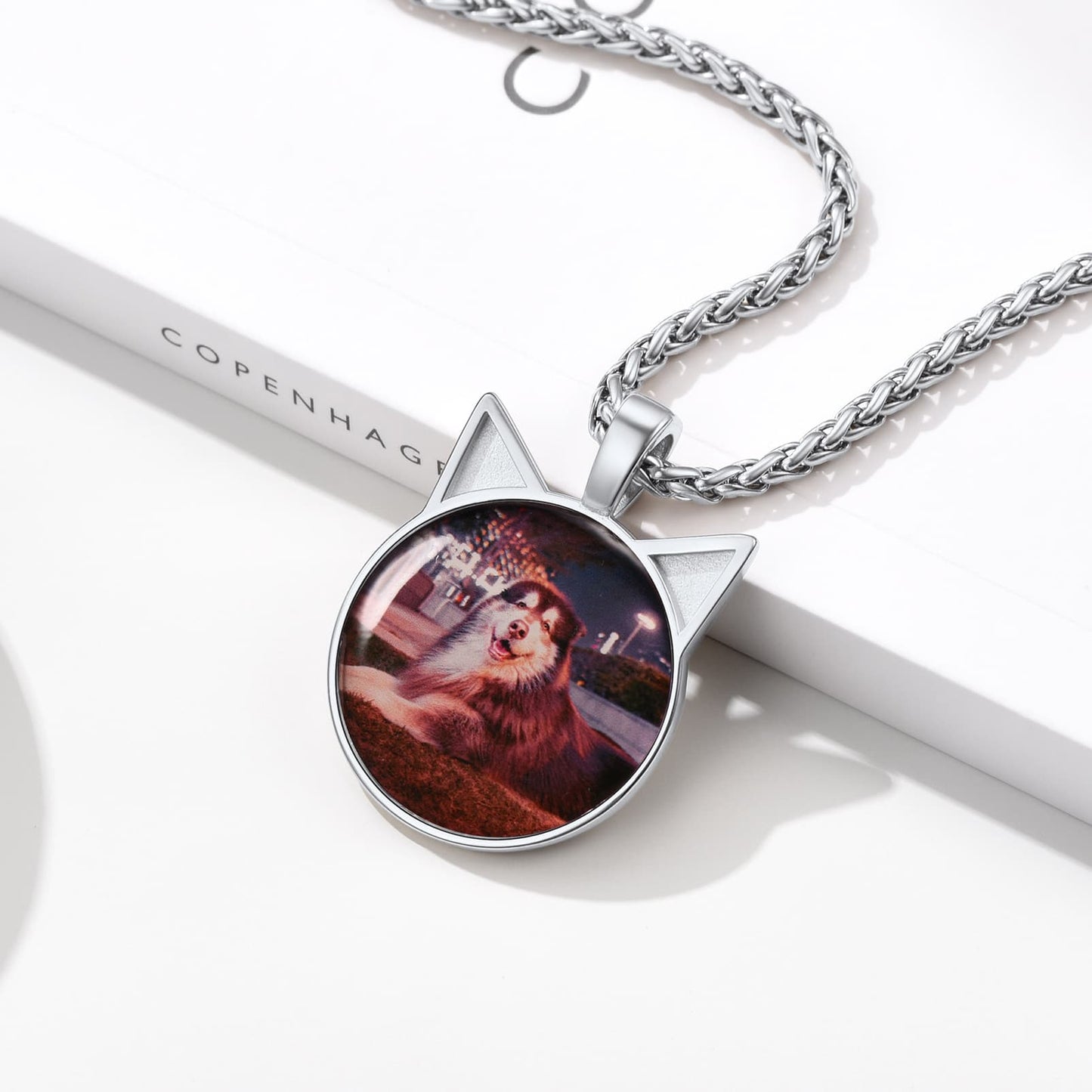 Custom4U Cat Ear Photo Necklace Text Engravable Steel