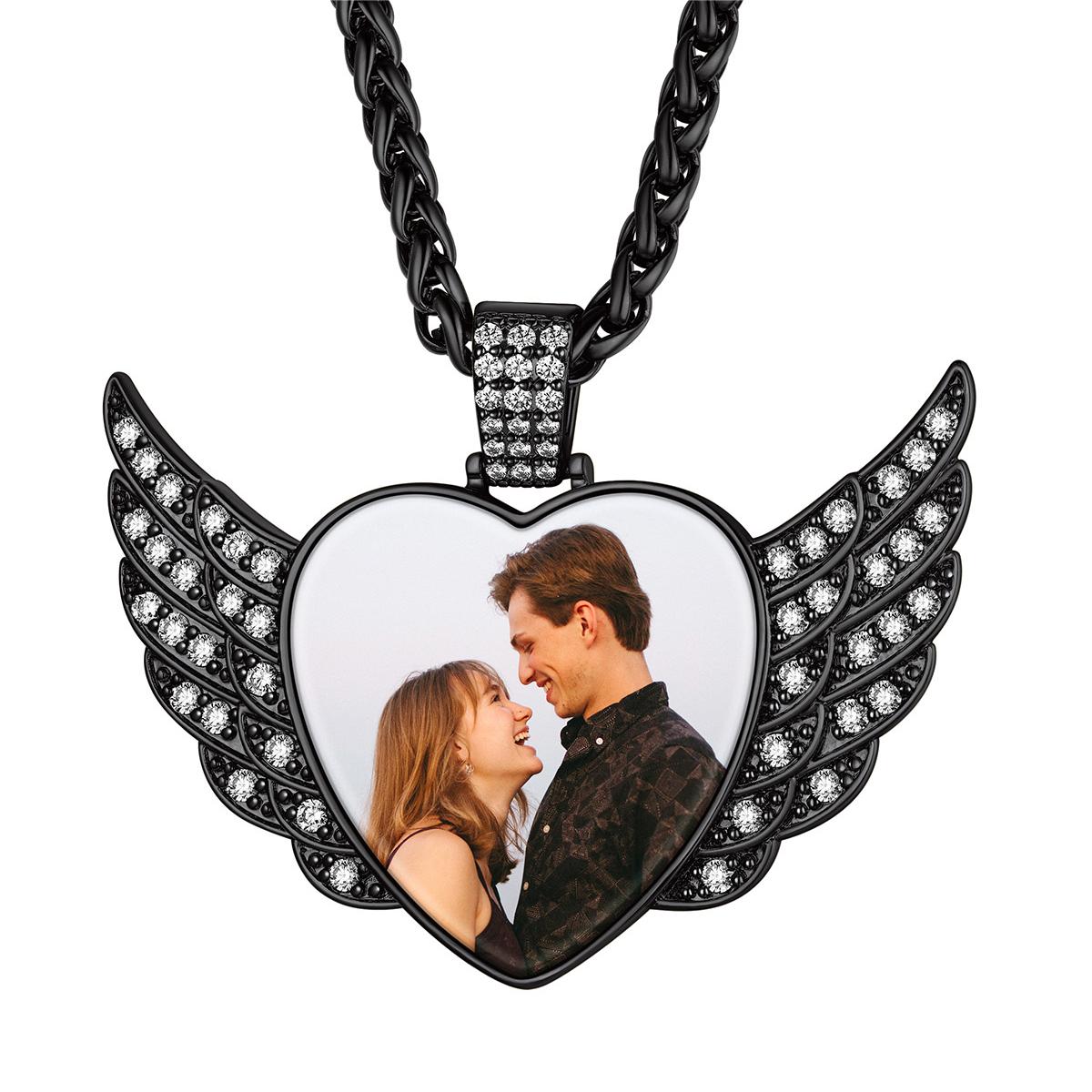 Custom4U Cubic Zirconia Heart Angel Wings Picture Necklace Black