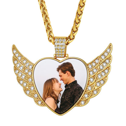 Custom4U Cubic Zirconia Heart Angel Wings Picture Necklace Gold