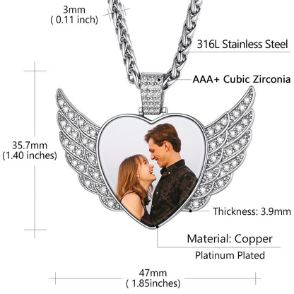 Custom4U Cubic Zirconia Heart Angel Wings Picture Necklace Size
