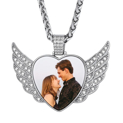 Custom4U Cubic Zirconia Heart Angel Wings Picture Necklace Steel