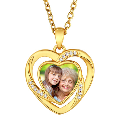 Custom4U Customized Double Heart Photo Necklace Gold Plated