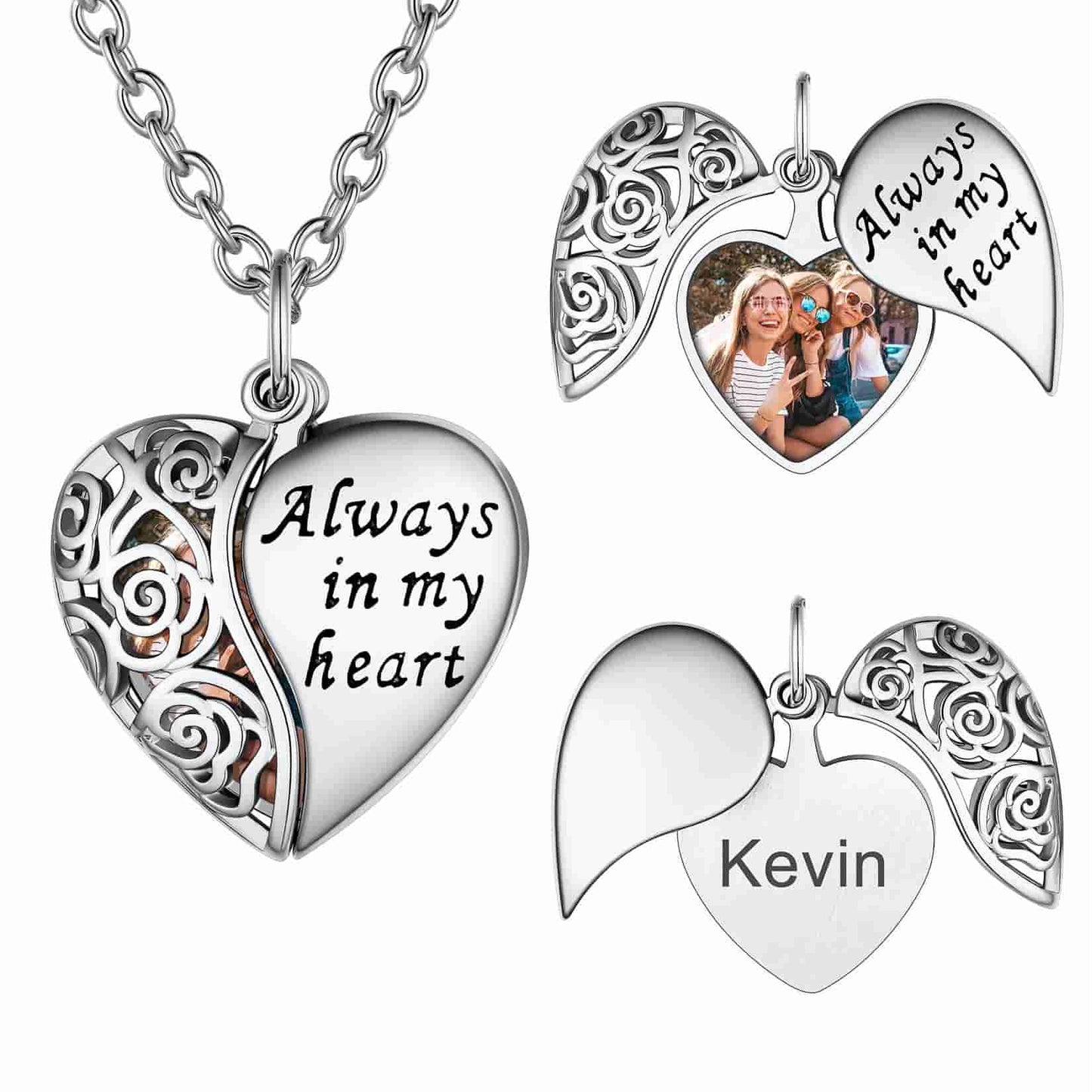 Custom4U Customized Engraved Rose Heart Photo Locket Necklace For Women