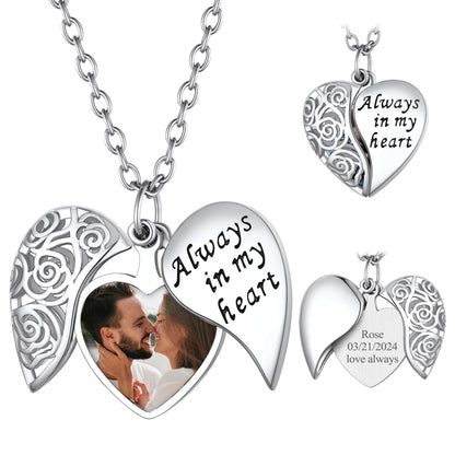Custom4U Customized Engraved Rose Heart Photo Locket Necklace For Women