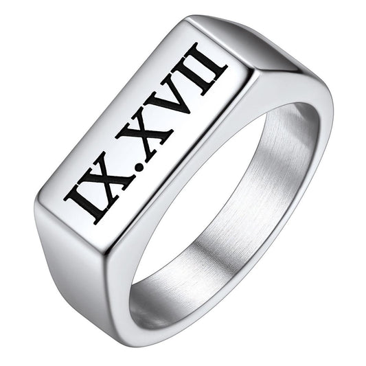 Custom4U Engraved Roman Numerals Band Ring Steel