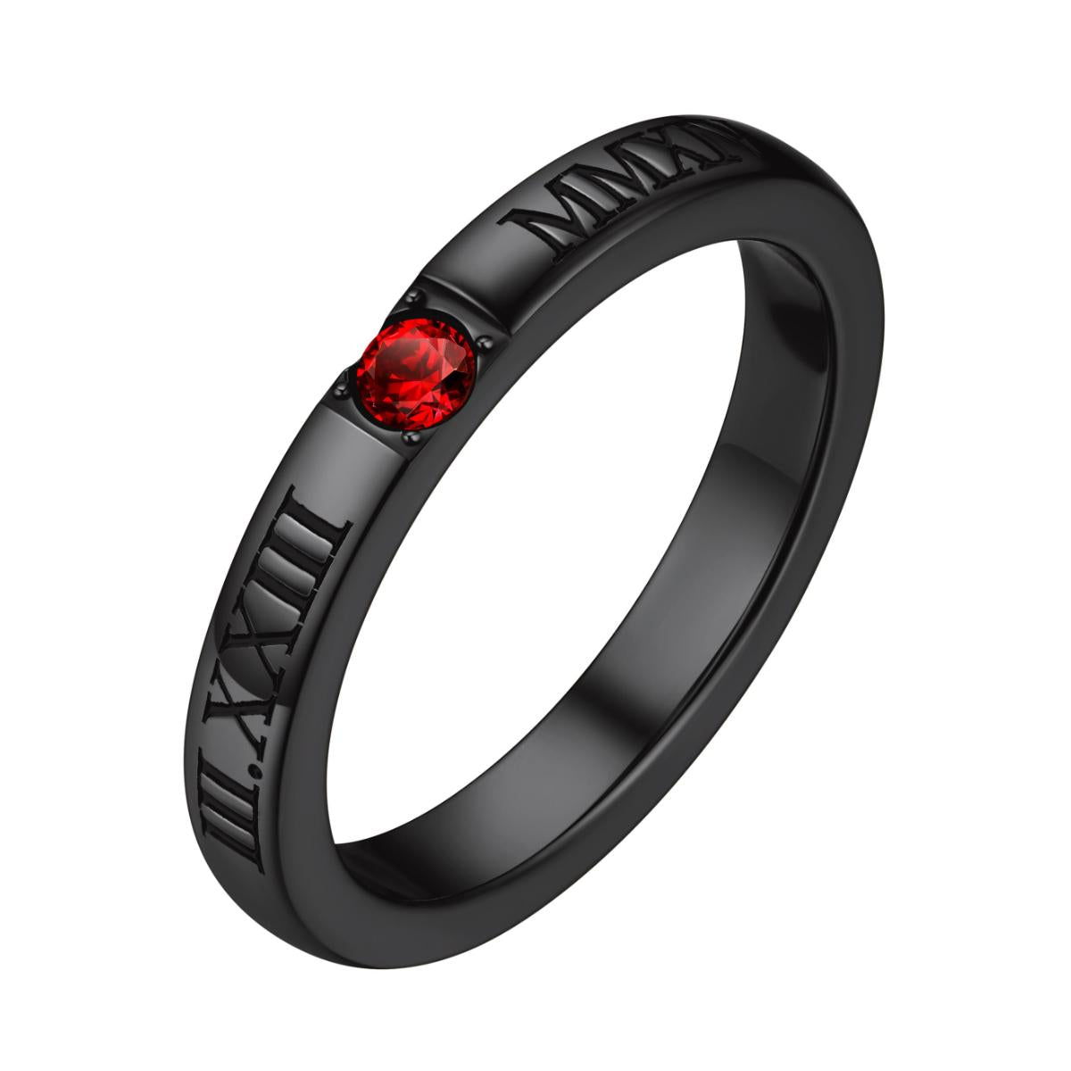 Custom4U Engraved Roman Numerals Birthstone Band Ring Black