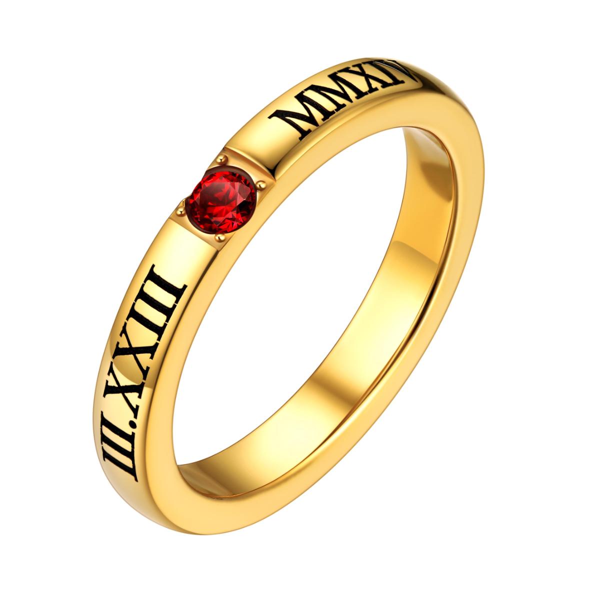 Custom4U Engraved Roman Numerals Birthstone Band Ring Gold