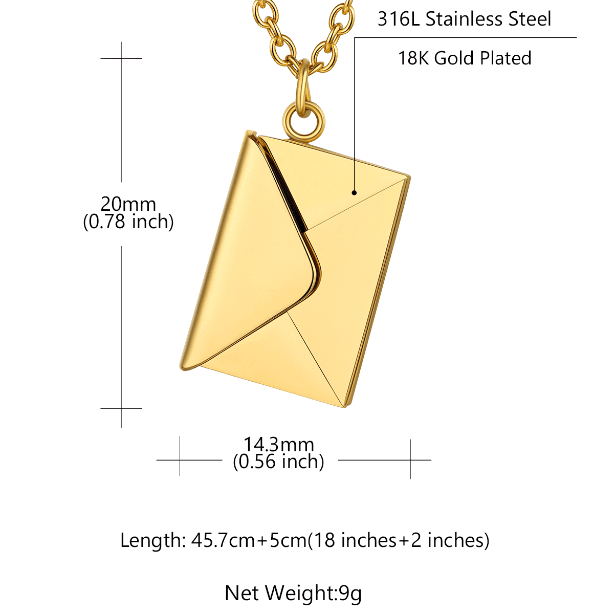Custom4U Envelope Locket Necklace with Message Engraved Size