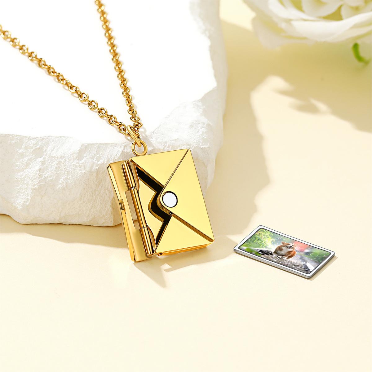 Custom4U Envelope Locket Necklace with Message Engraved Gold