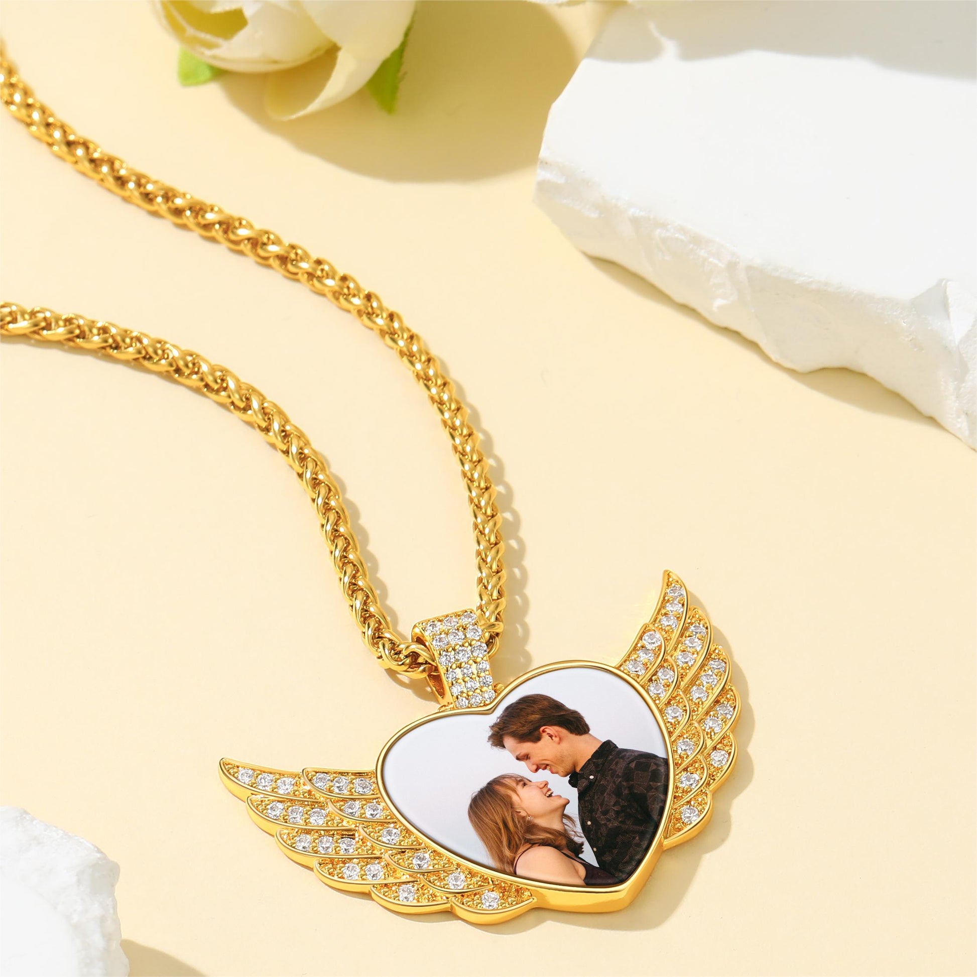 Custom4U Gold Cubic Zirconia Heart Angel Wings Picture Necklace