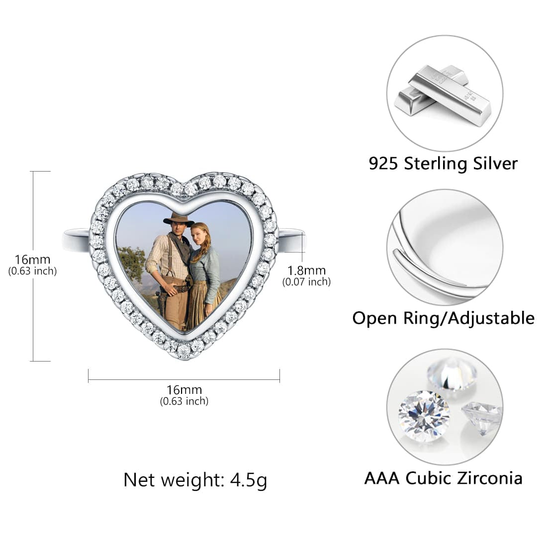  Custom4U Heart Adjustable Ring Size