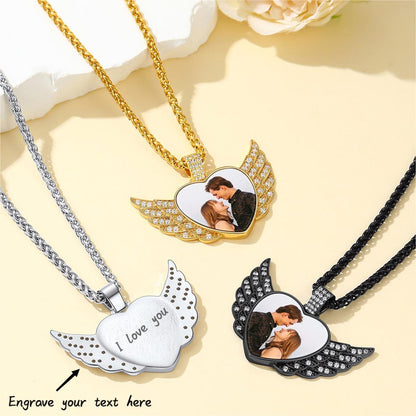 Custom4U Heart Angel Wings Picture Engraved Necklace