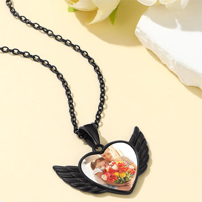 Custom4U Heart Angel Wings Picture Necklace Black