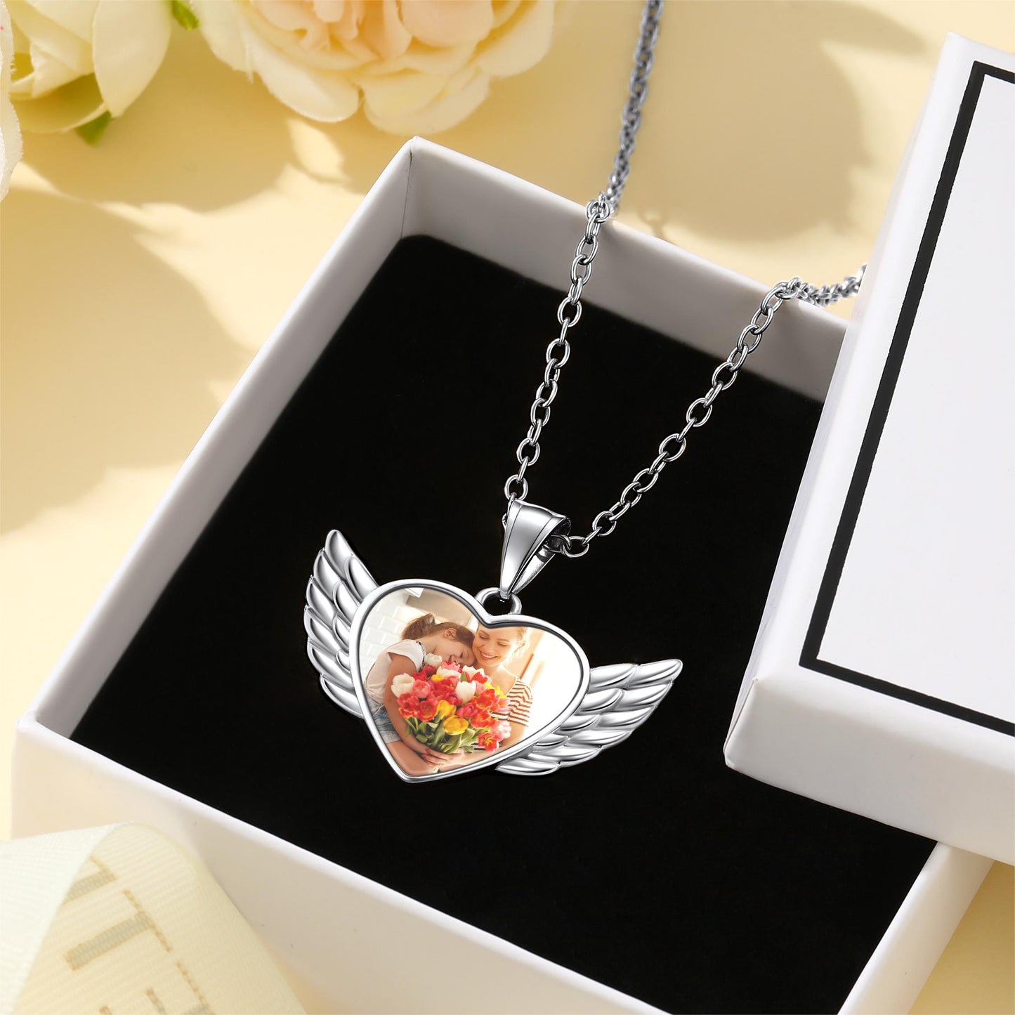 Custom4U Heart Angel Wings Picture Necklace Steel