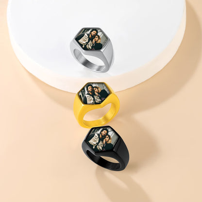 Custom4U Hexagon Signet Ring with Photo 3 Colors